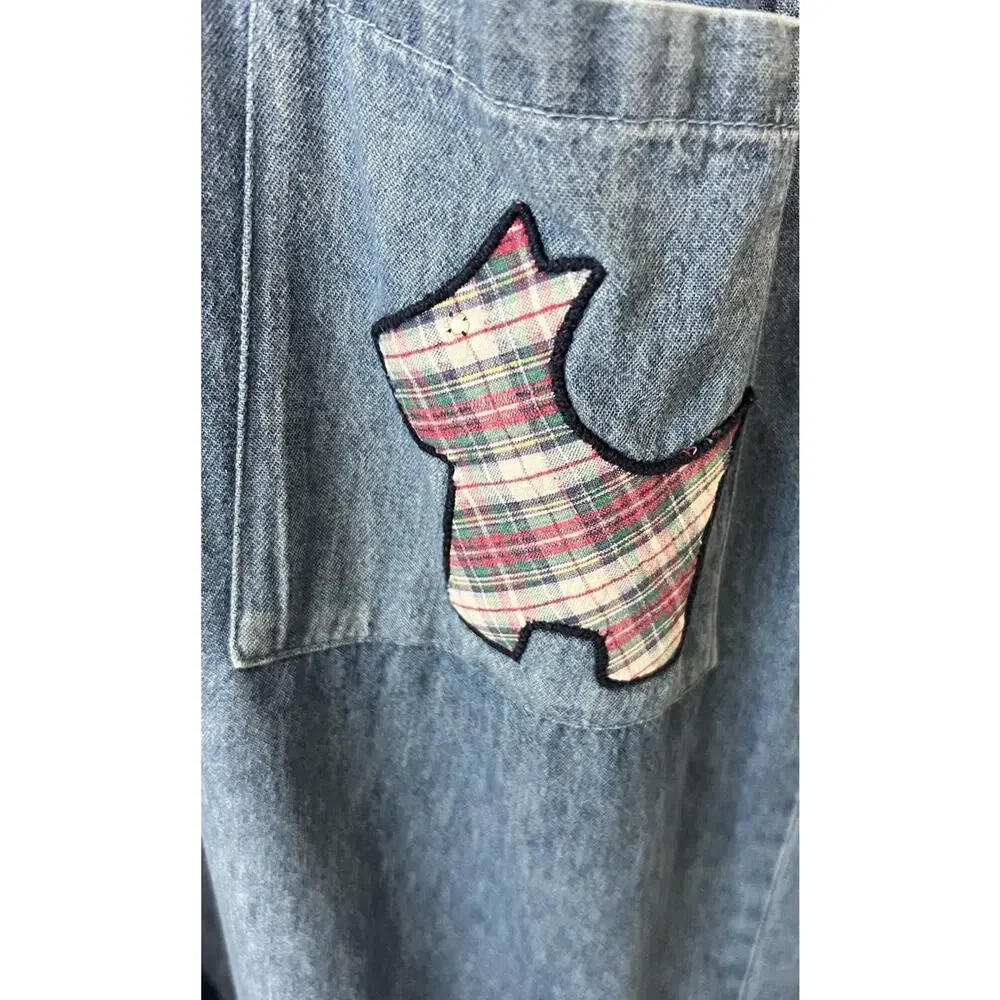 Vintage 90s Denim Maxi Dress Scottish Terrier Patch Prairie W/ Pockets Sz 8